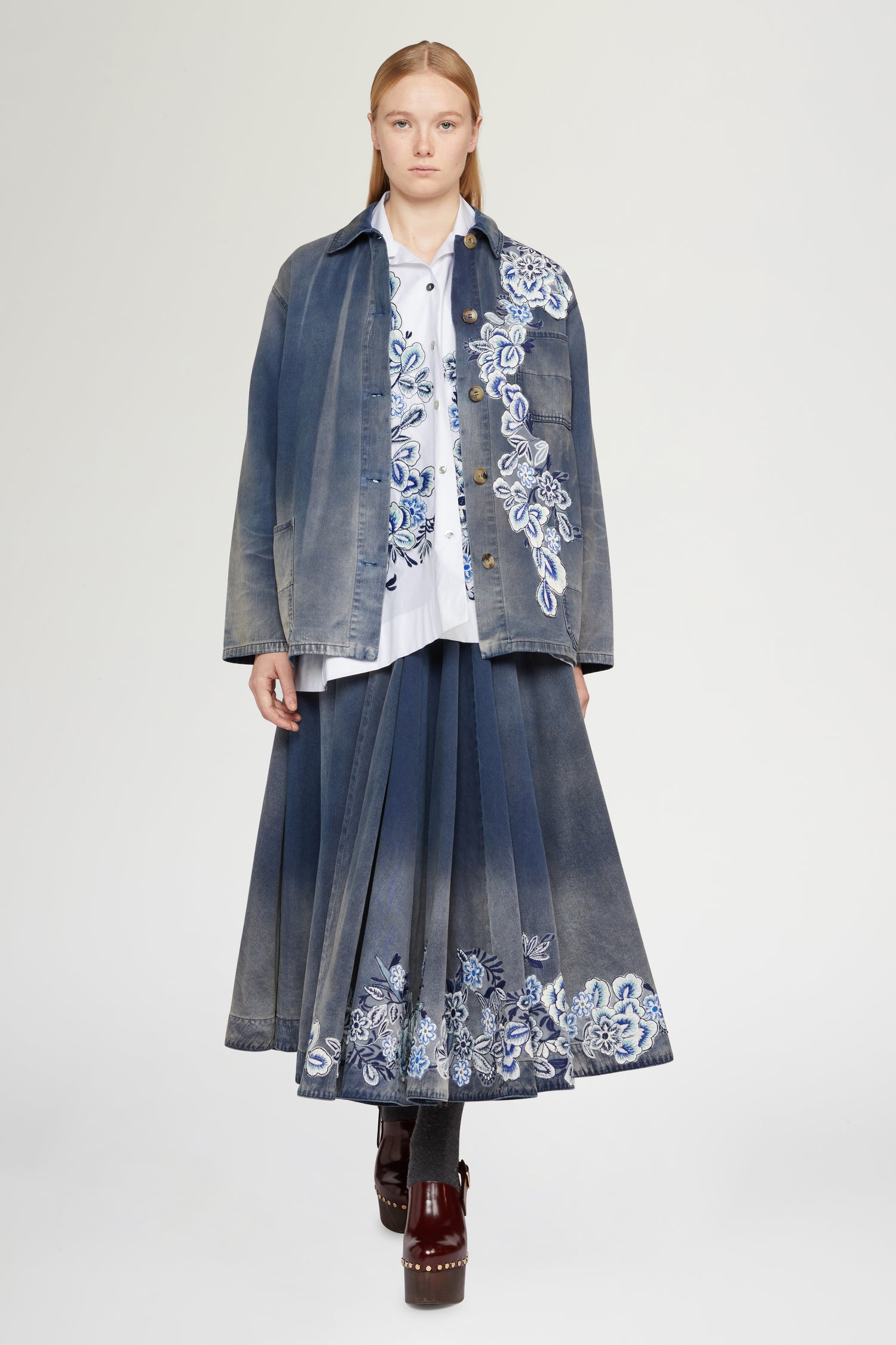 Cotton Shirt with Blue Embroidery