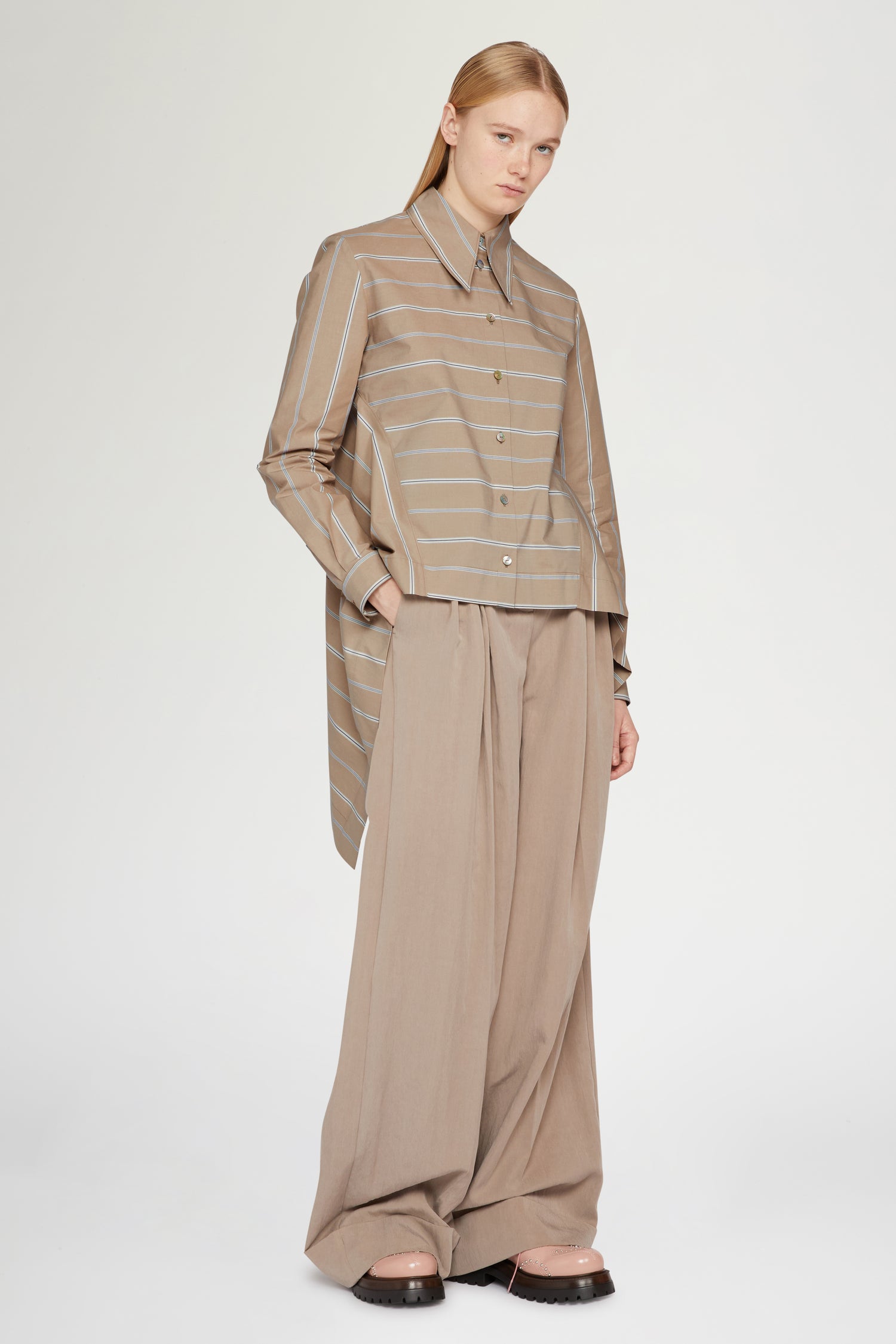Oversized Beige Striped Cotton Shirt