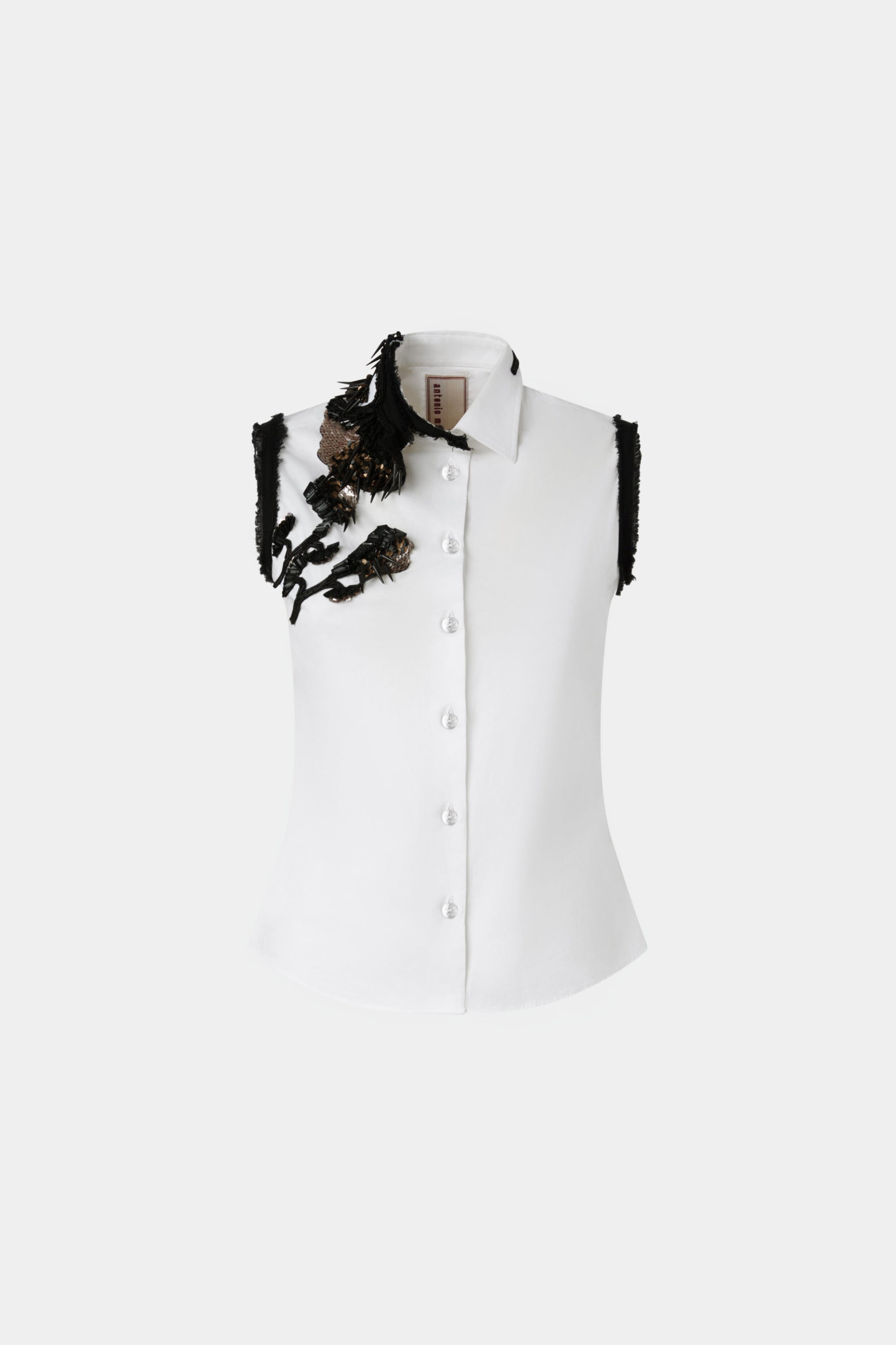 White Sleeveless Shirt with Beaded Appliqués