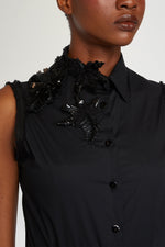 Black Sleeveless Shirt with Beaded Appliqués
