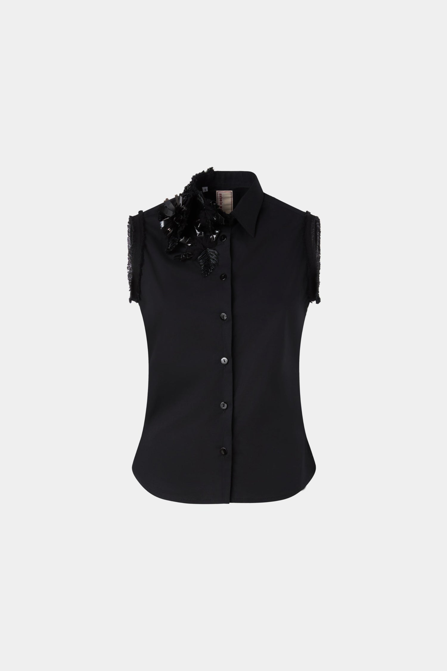 Black Sleeveless Shirt with Beaded Appliqués