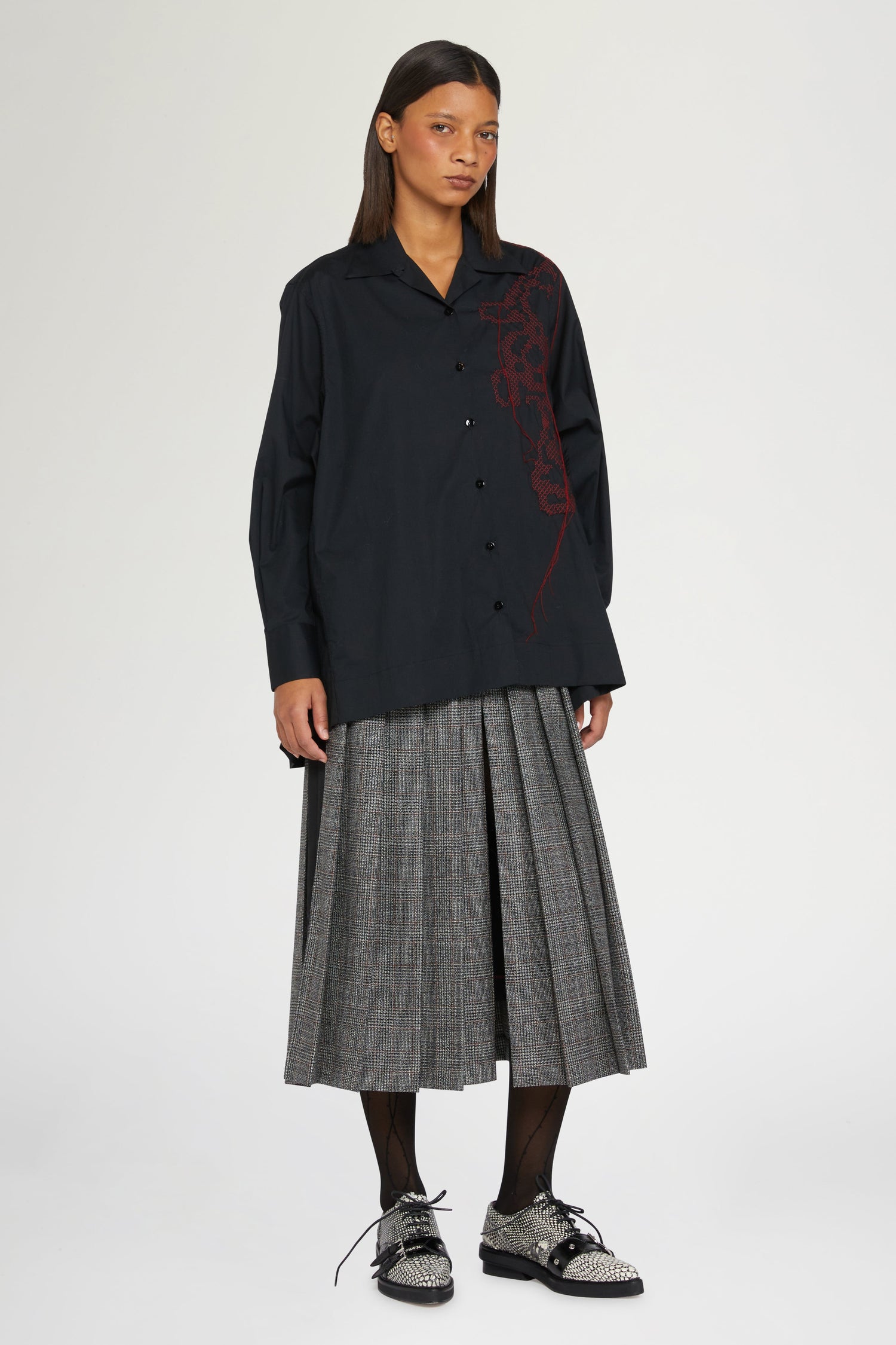 Black Cotton Shirt with Embroidery and Print