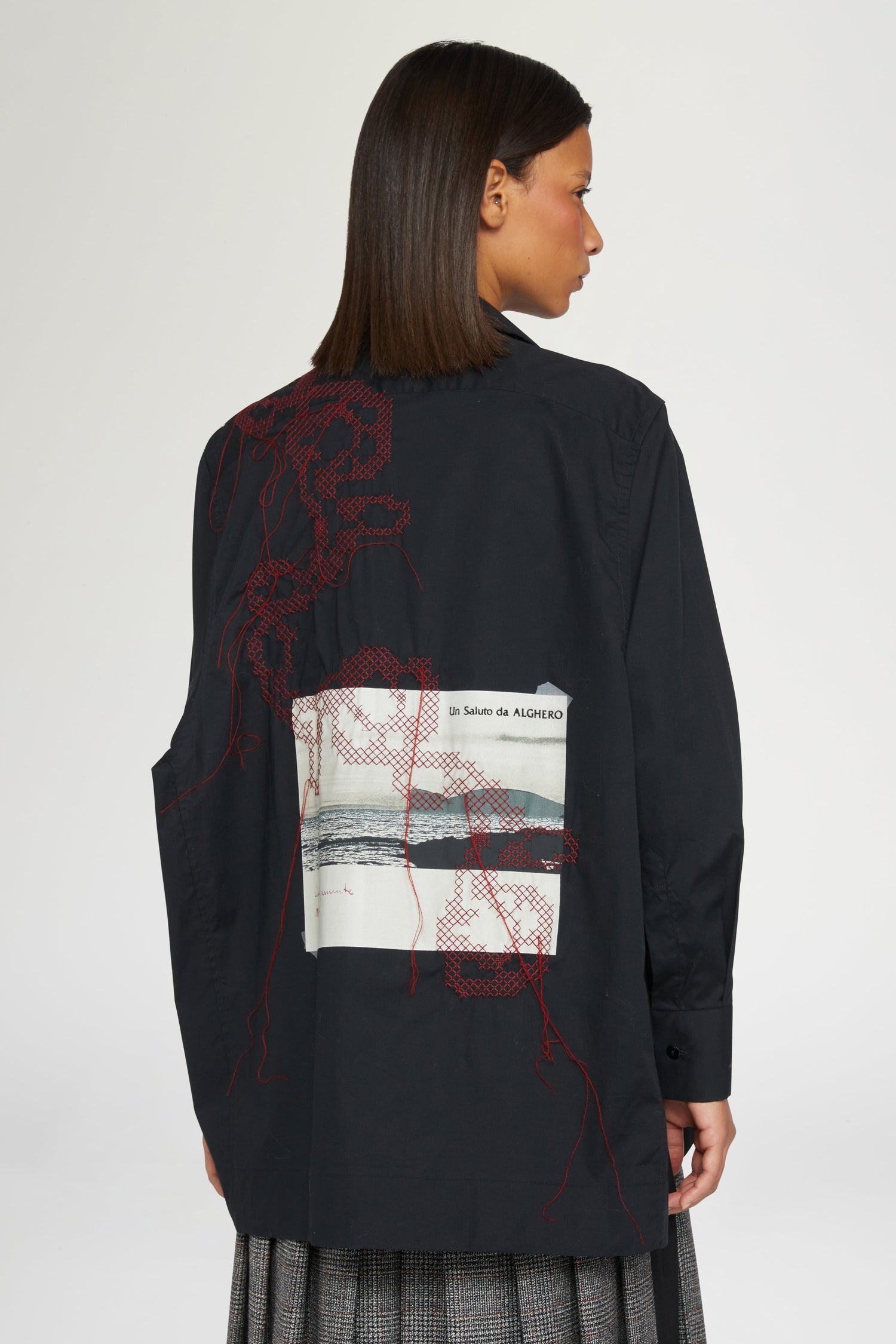 Black Cotton Shirt with Embroidery and Print
