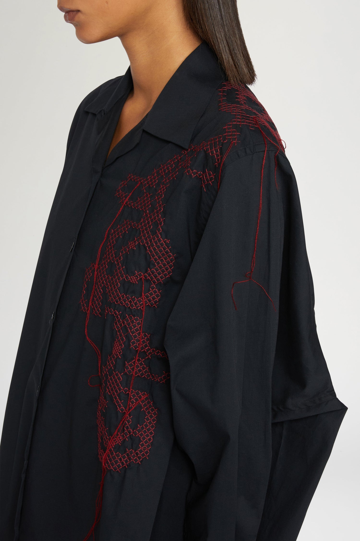 Black Cotton Shirt with Embroidery and Print