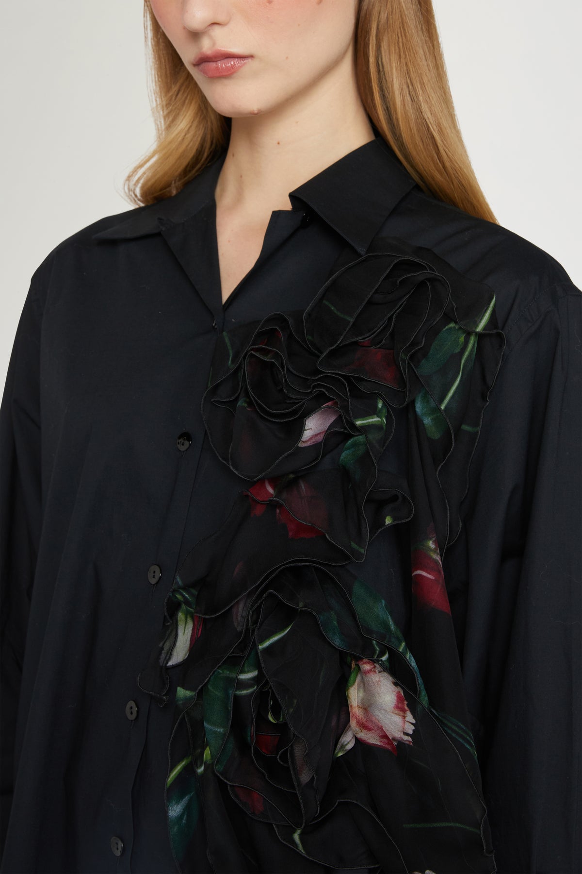 Black Cotton Robespierre Shirt with Silk Ruffle