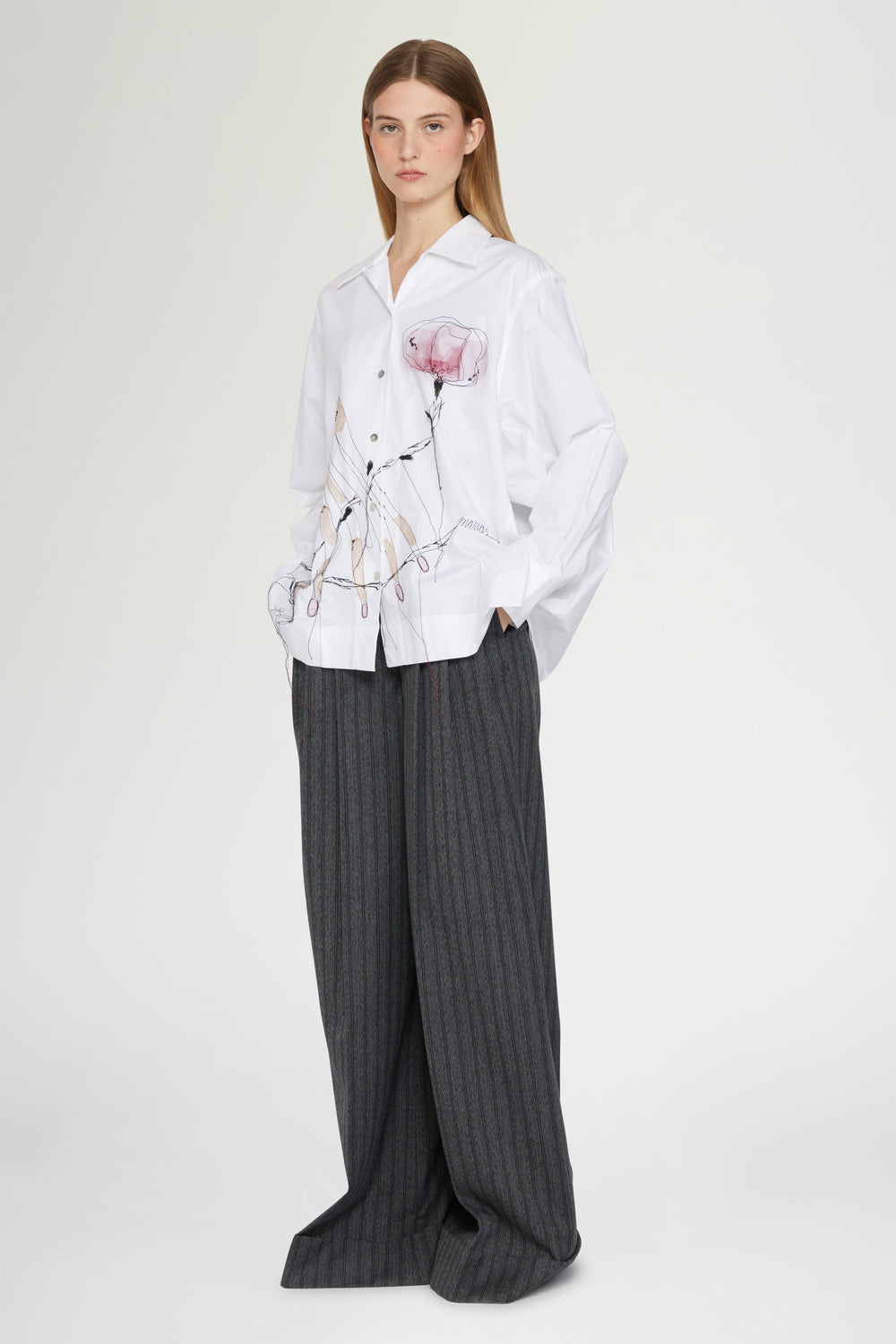 White Cotton Shirt with Floral Threadwork