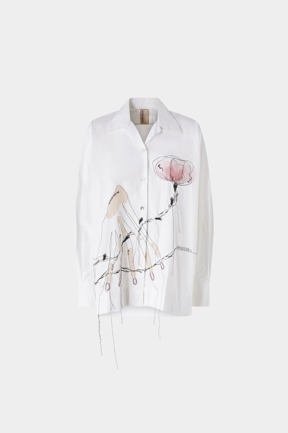 White Cotton Shirt with Floral Threadwork