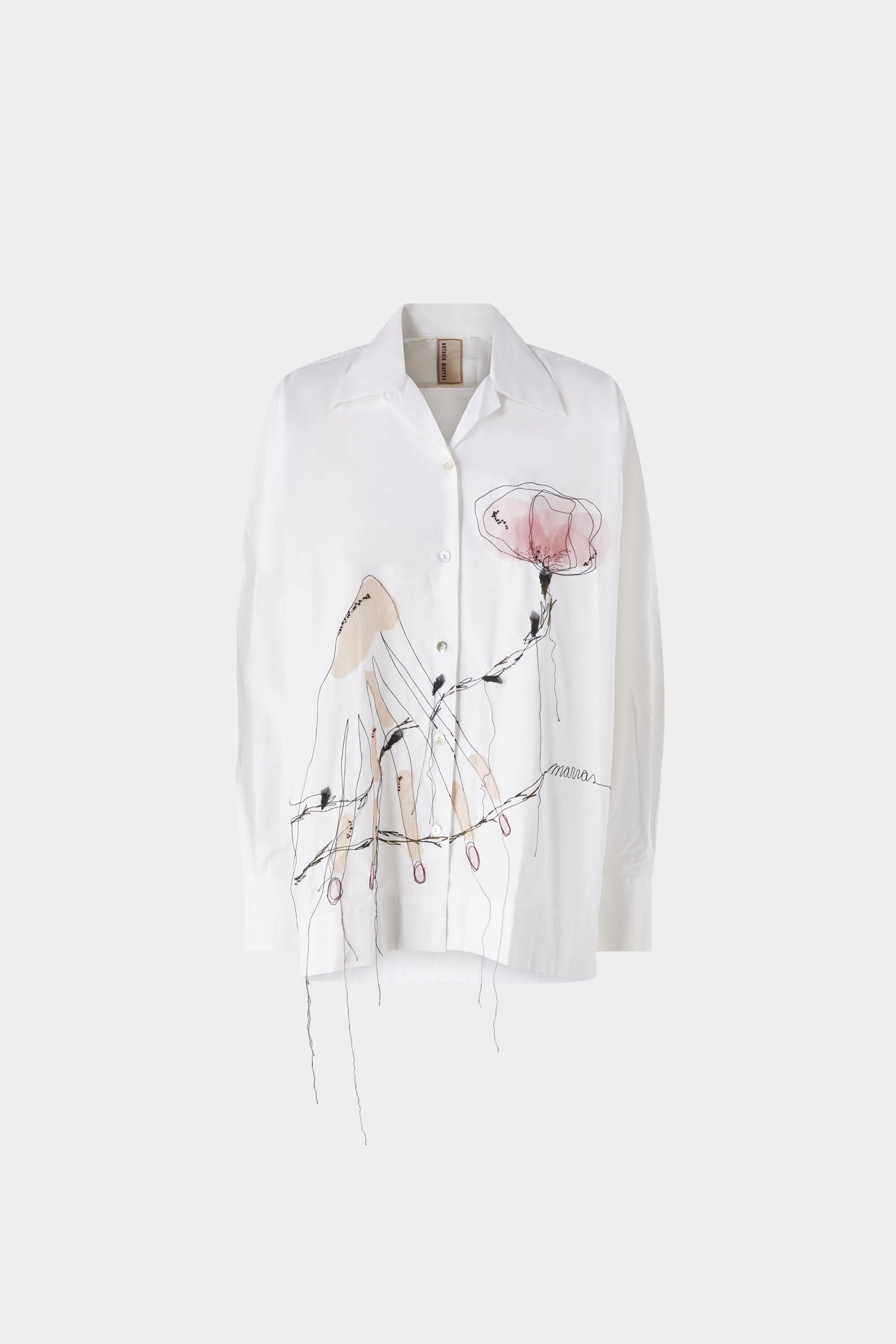 White Cotton Shirt with Floral Threadwork