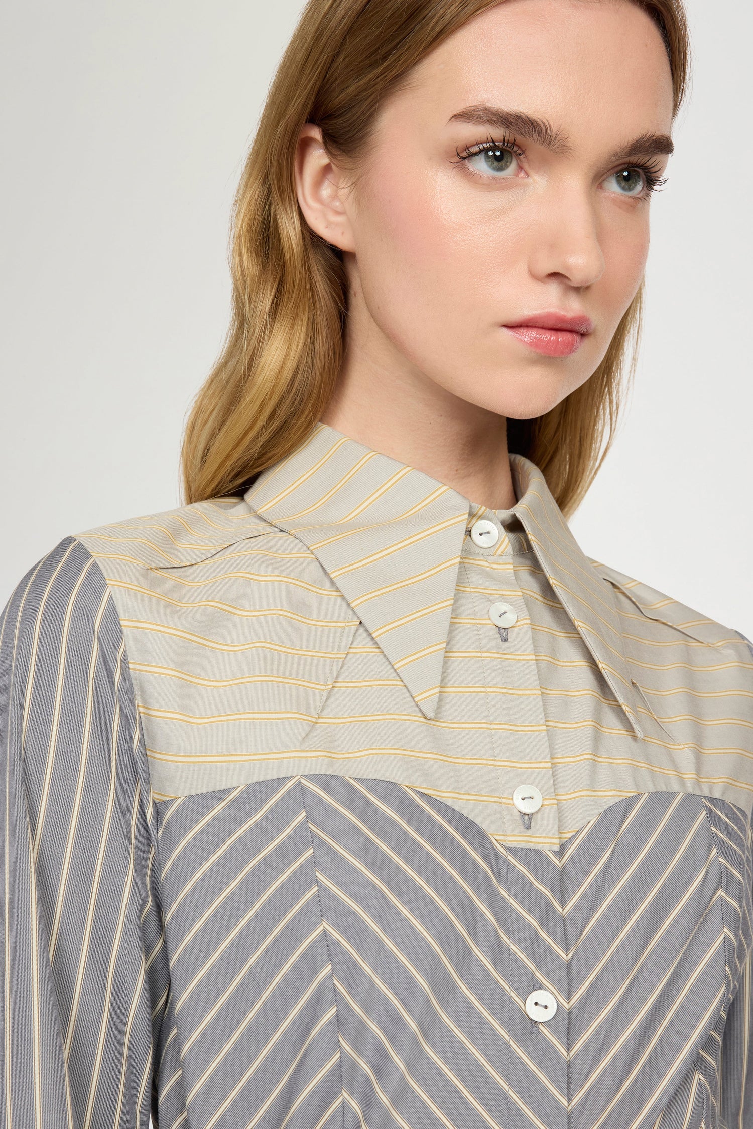Slim Shirt with Contrasting Beige Striped Insert