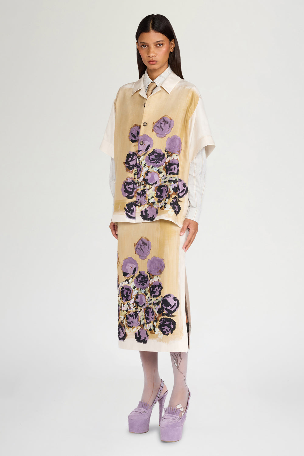 Beige Floral Silk Shirt