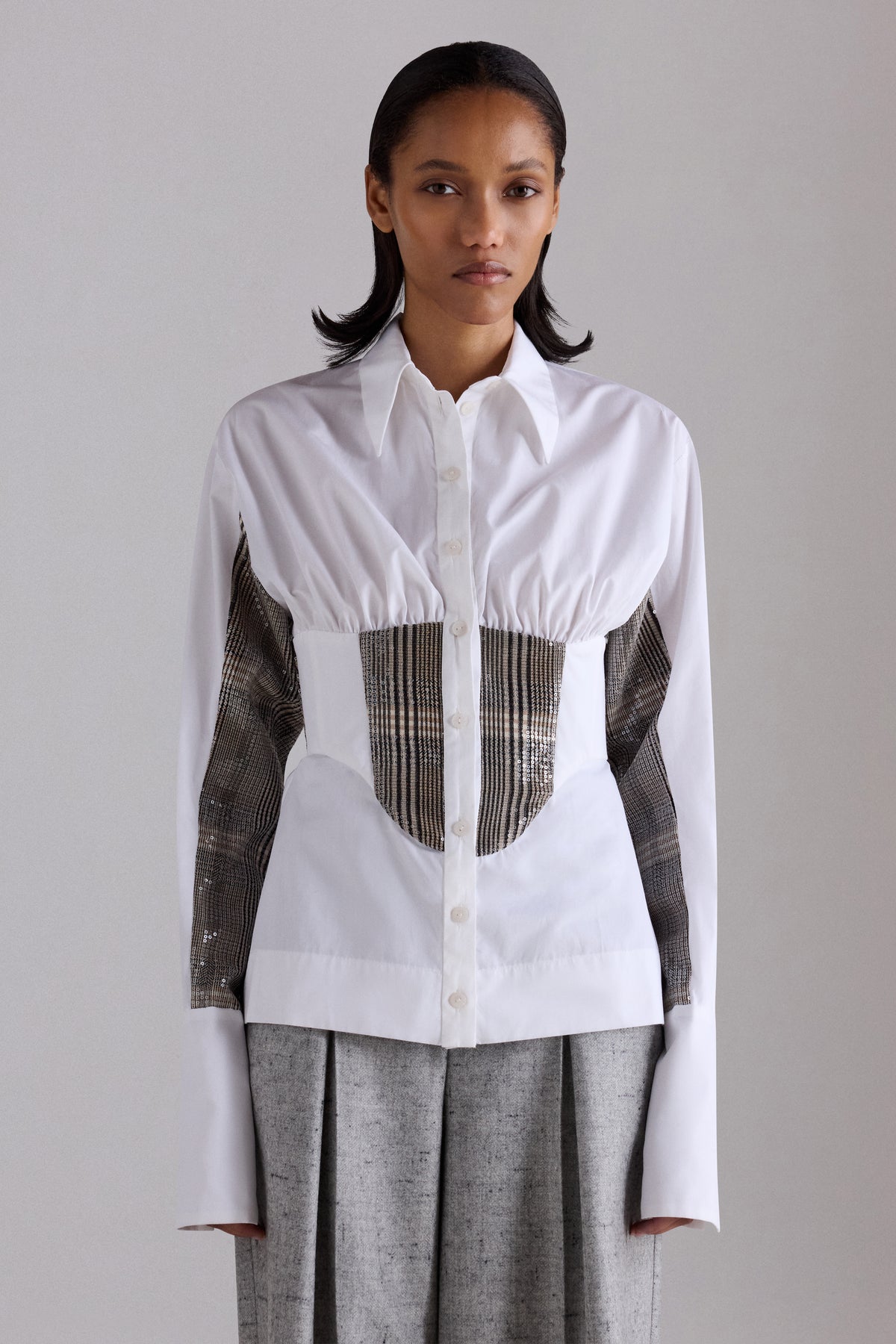 Camicia Corsetto con Inserti in Tweed
