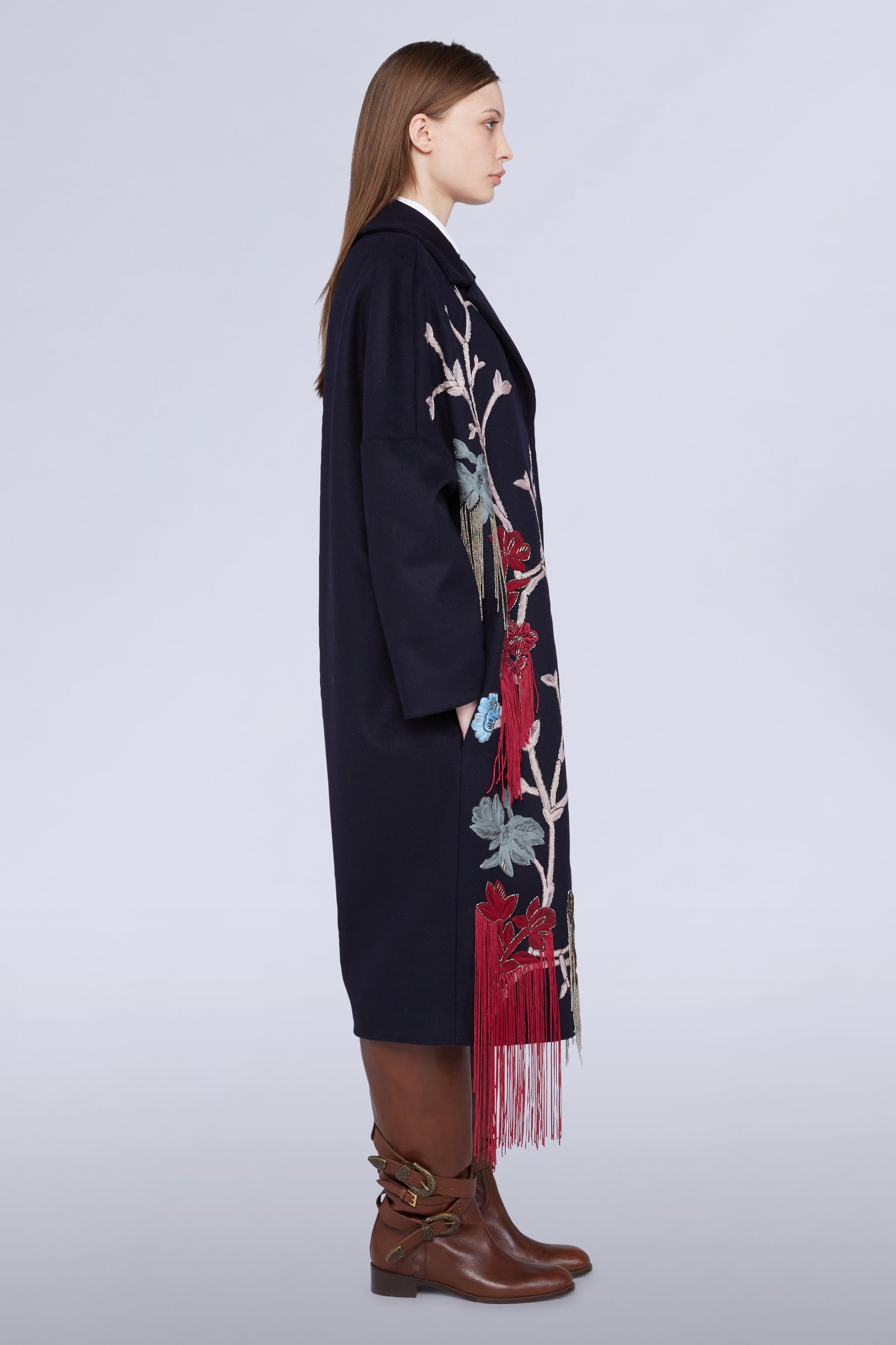 Women's navy oversize long coat Samira with floral embroidery and