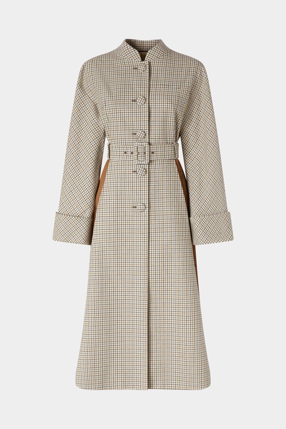 Long Micro Check Coat with Plissé Insert