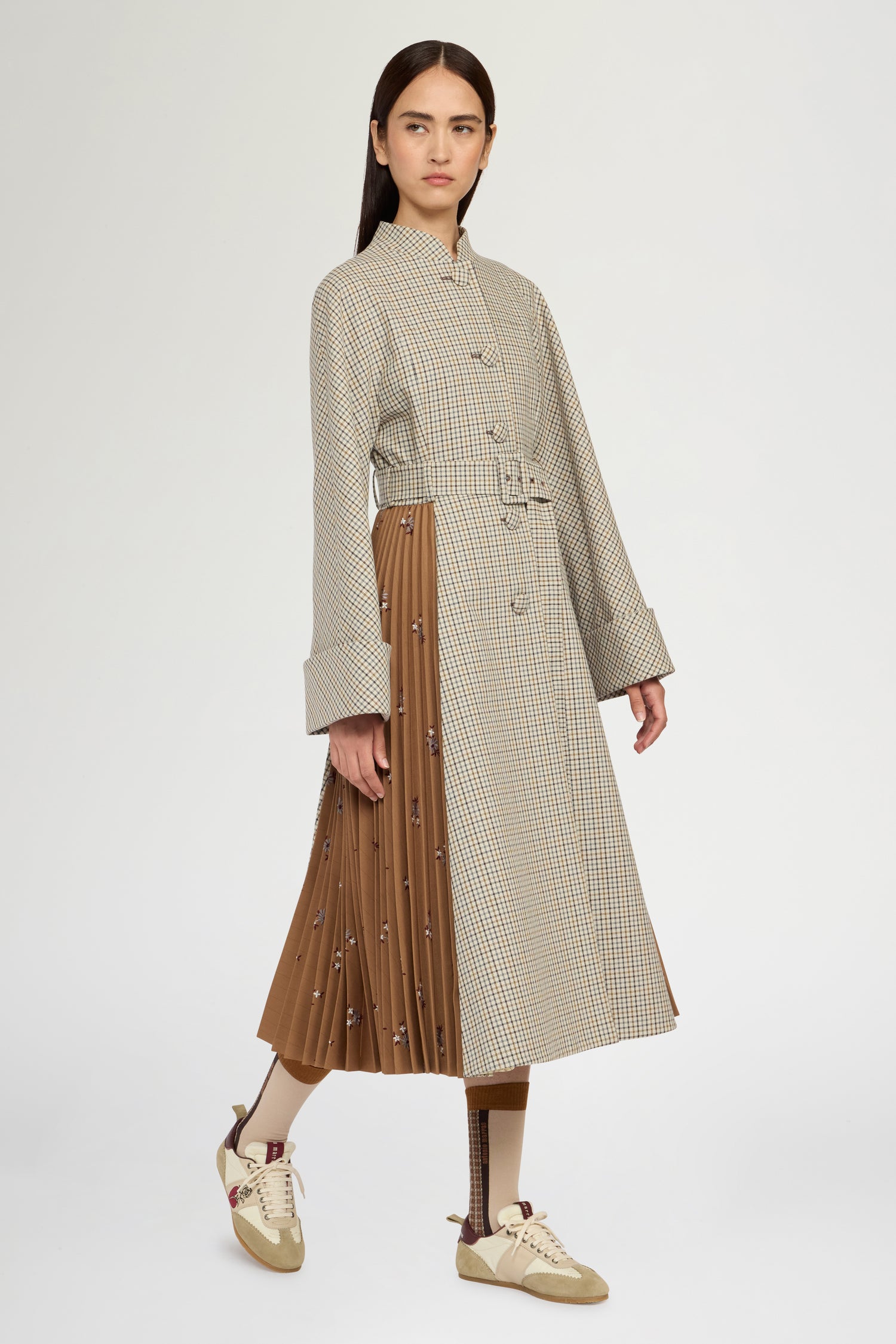 Cappotto Lungo Micro Check con Inserto Plissé