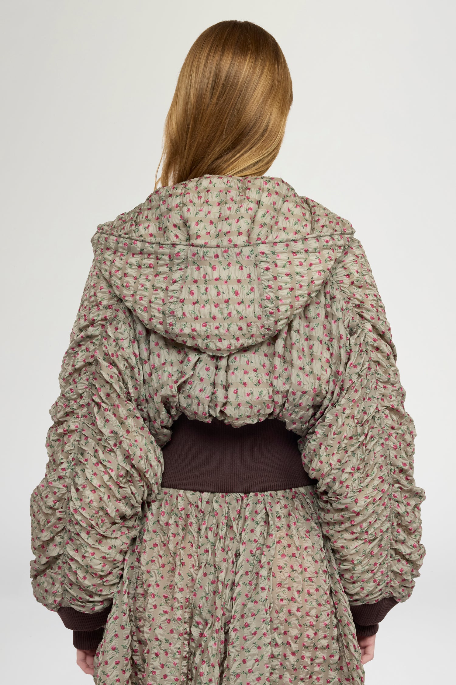 Cropped Bomber in Embossed Printed Nylon