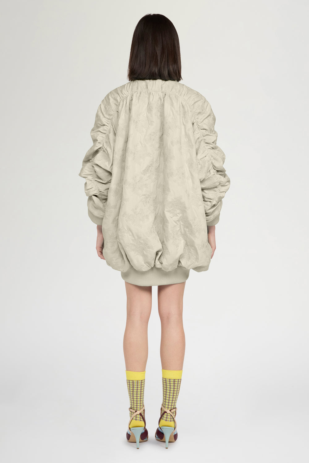 Oversized Gathered Bomber in Floral-Quilted Nylon