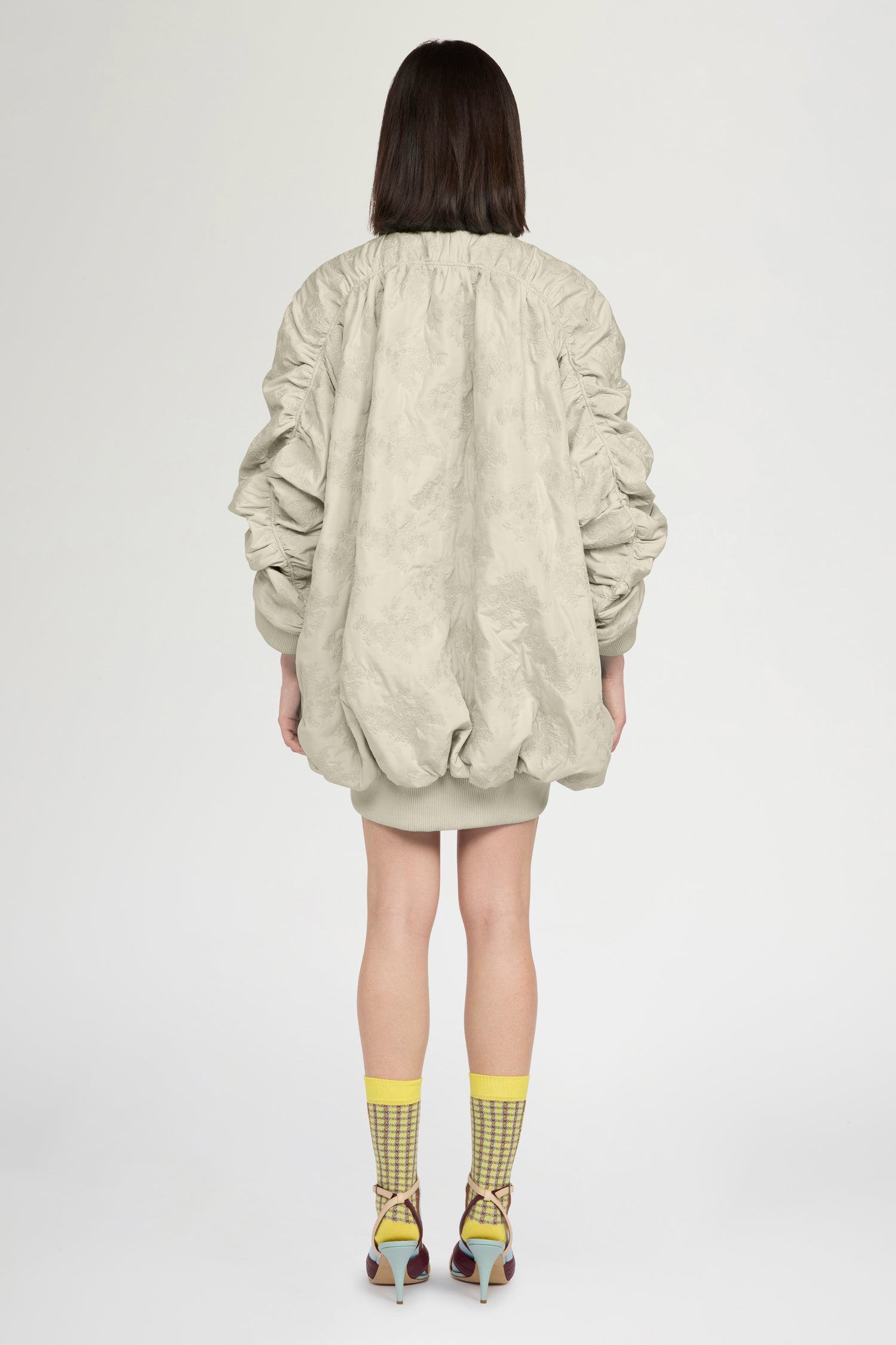 Oversized Gathered Bomber in Floral-Quilted Nylon