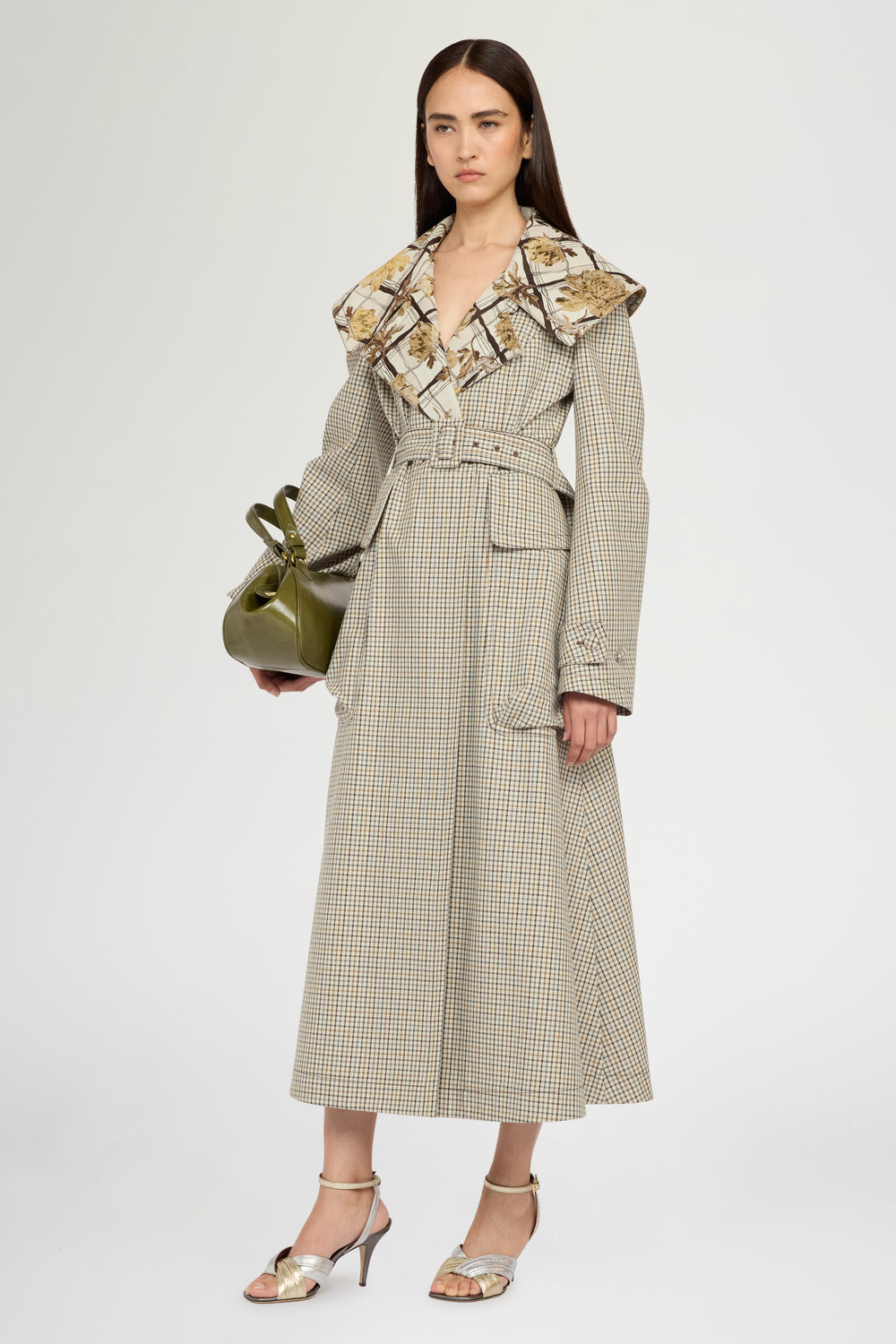 Long Micro Check Coat with Maxi Lapel