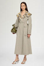Long Micro Check Coat with Maxi Lapel