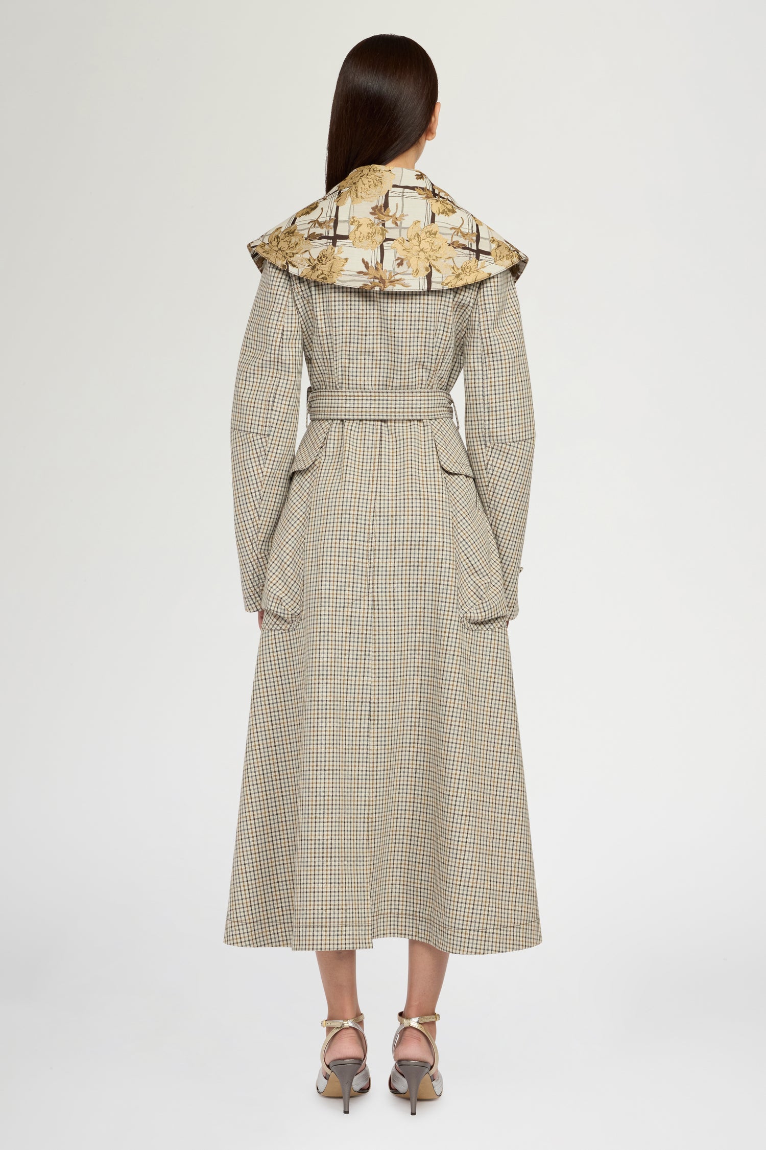 Long Micro Check Coat with Maxi Lapel