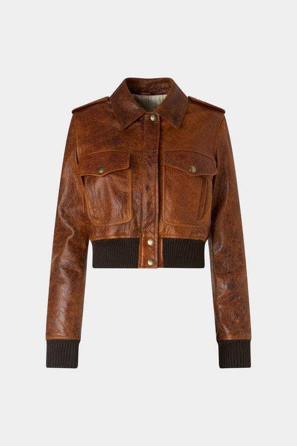 Cropped Cognac Leather Bomber Jacket