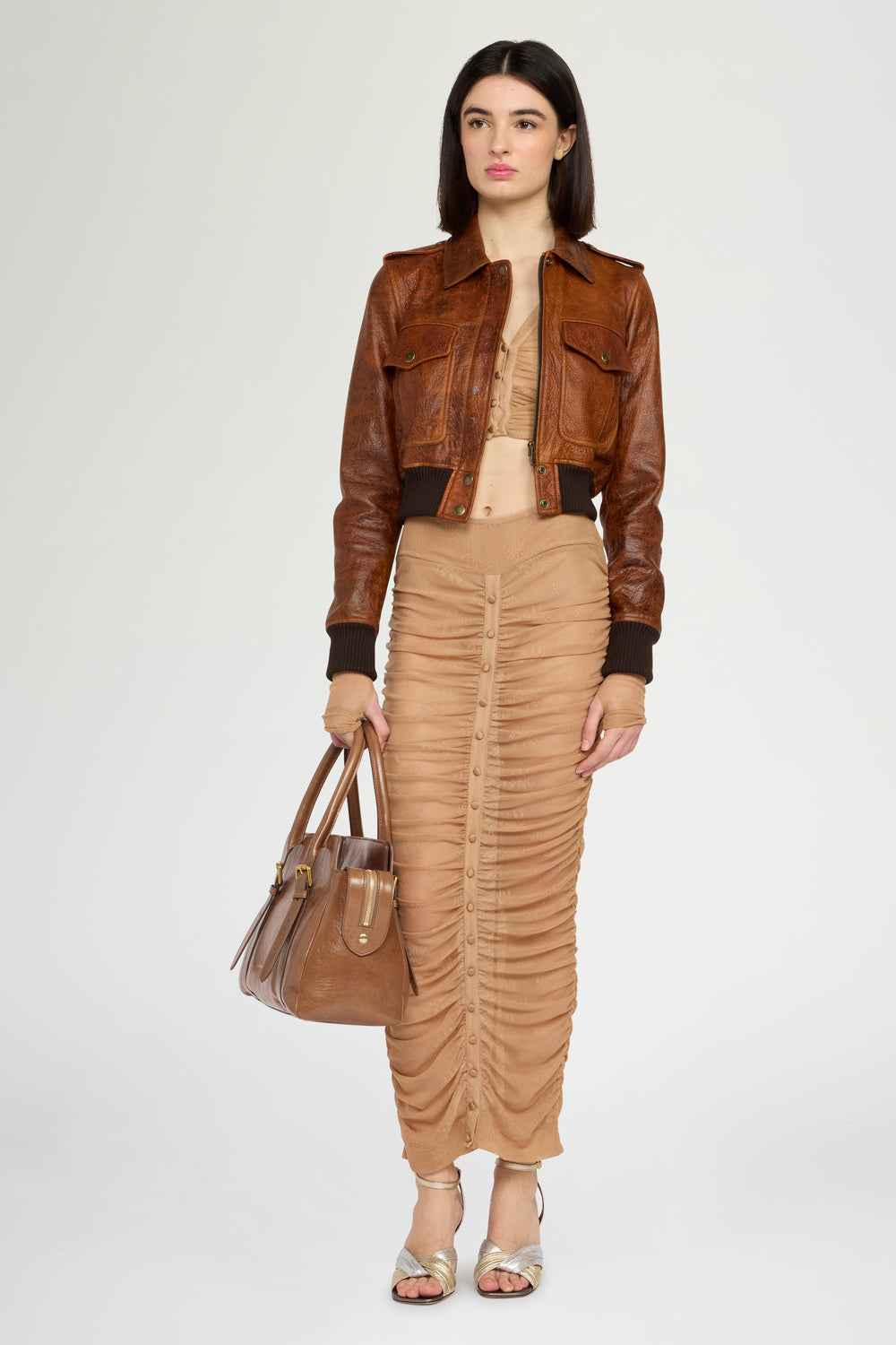 Cropped Cognac Leather Bomber Jacket