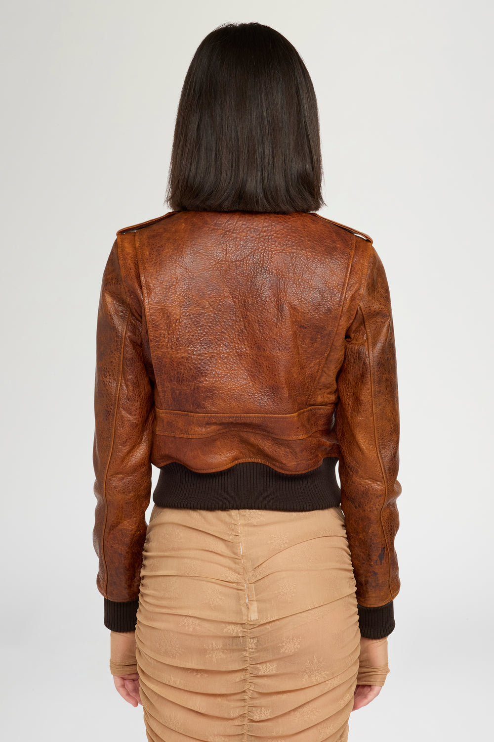 Cropped Cognac Leather Bomber Jacket