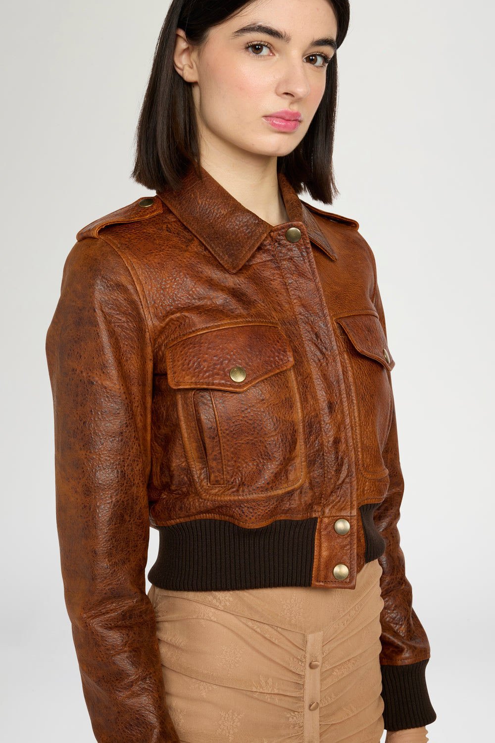 Cropped Cognac Leather Bomber Jacket