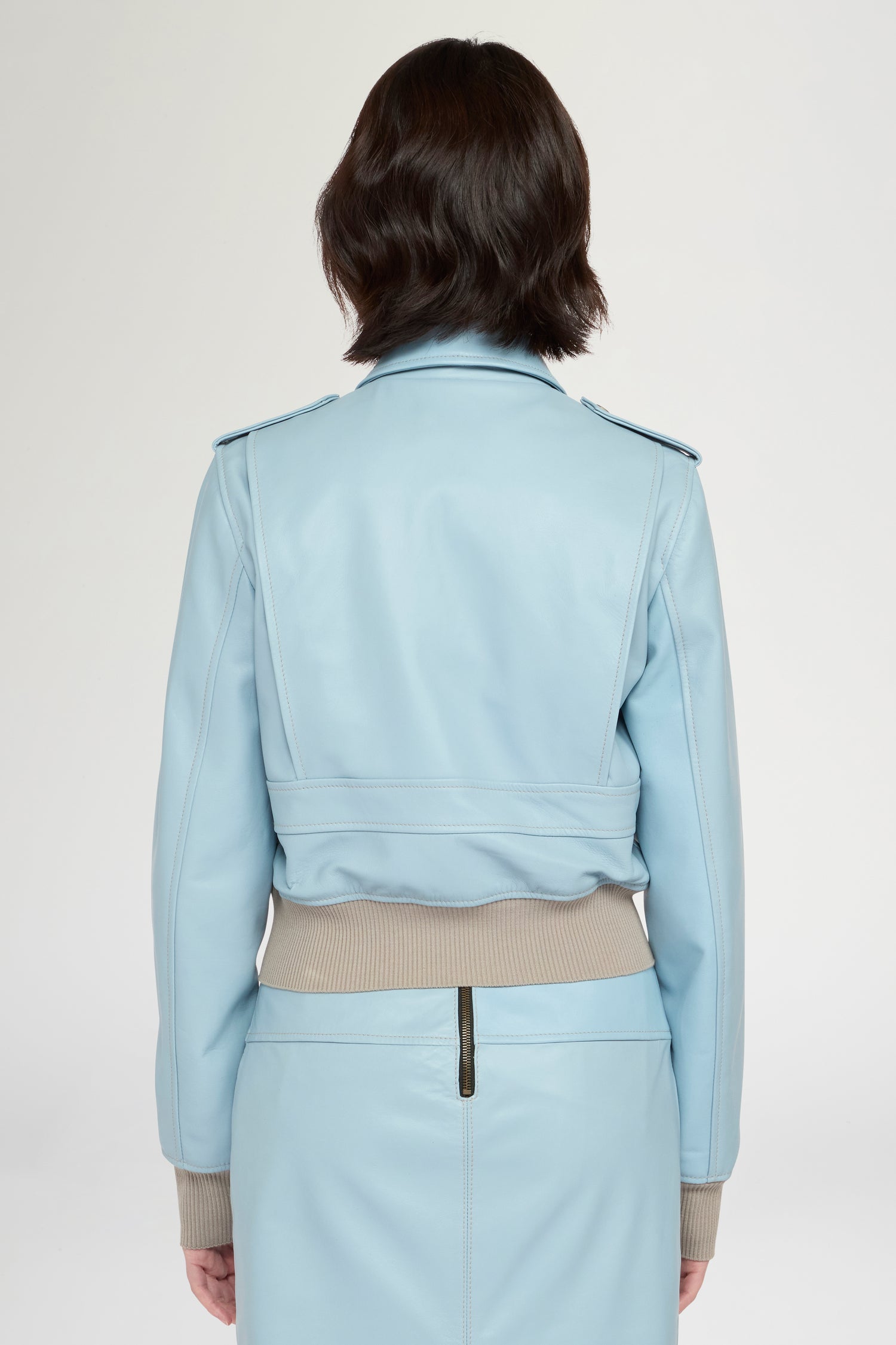 Cropped Light Blue Leather Bomber Jacket