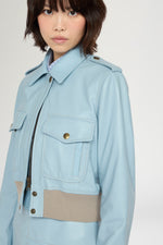 Cropped Light Blue Leather Bomber Jacket