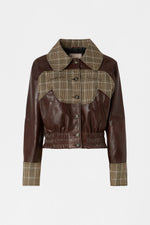 Bomber Corto in Pelle con Patchwork a Quadri