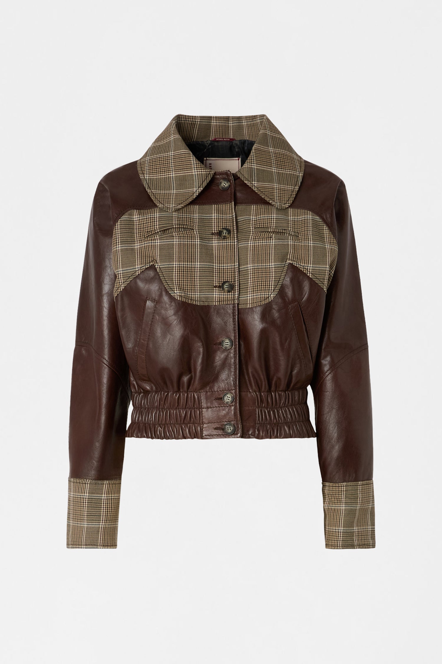 Bomber Corto in Pelle con Patchwork a Quadri