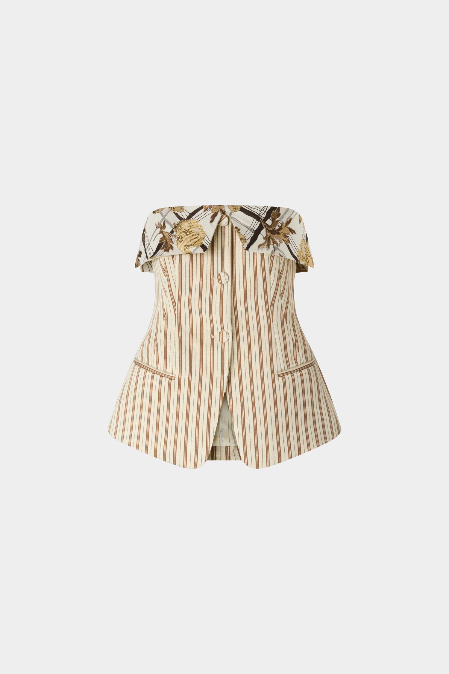 Striped Jersey Bustier With Floral Brocade Lapel