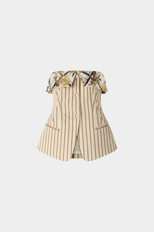 Striped Jersey Bustier With Floral Brocade Lapel