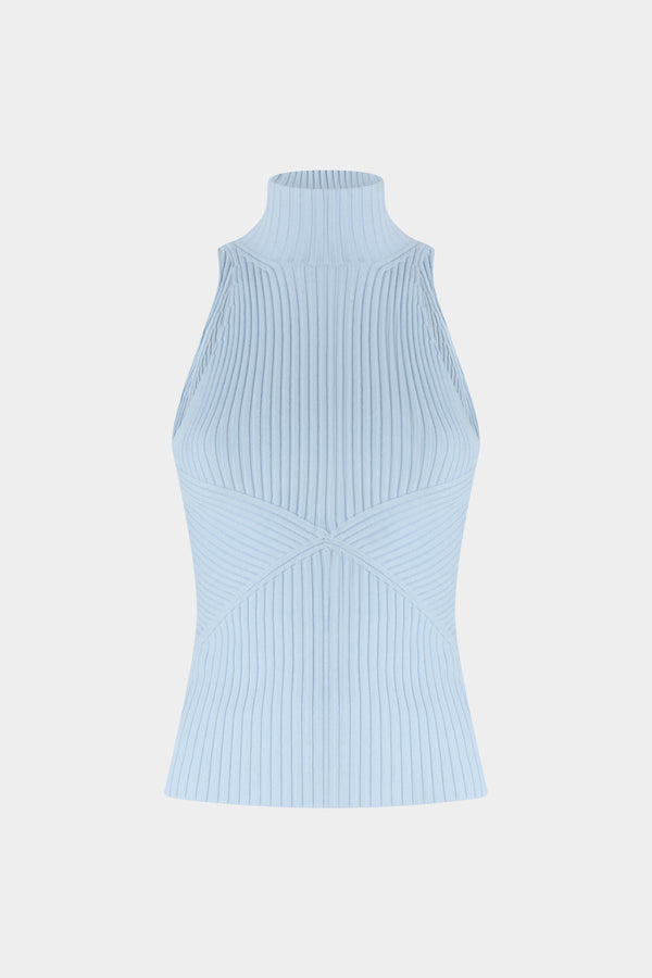 Light Blue Ribbed Sleeveless Top with High Neck