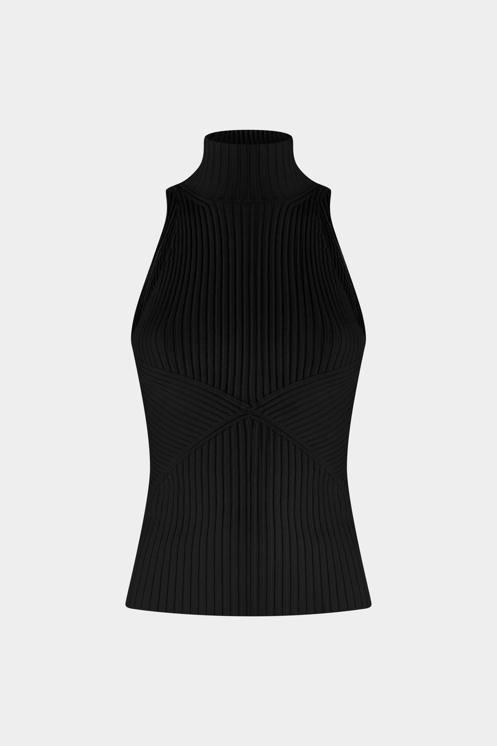 Black Ribbed Sleeveless Top with High Neck