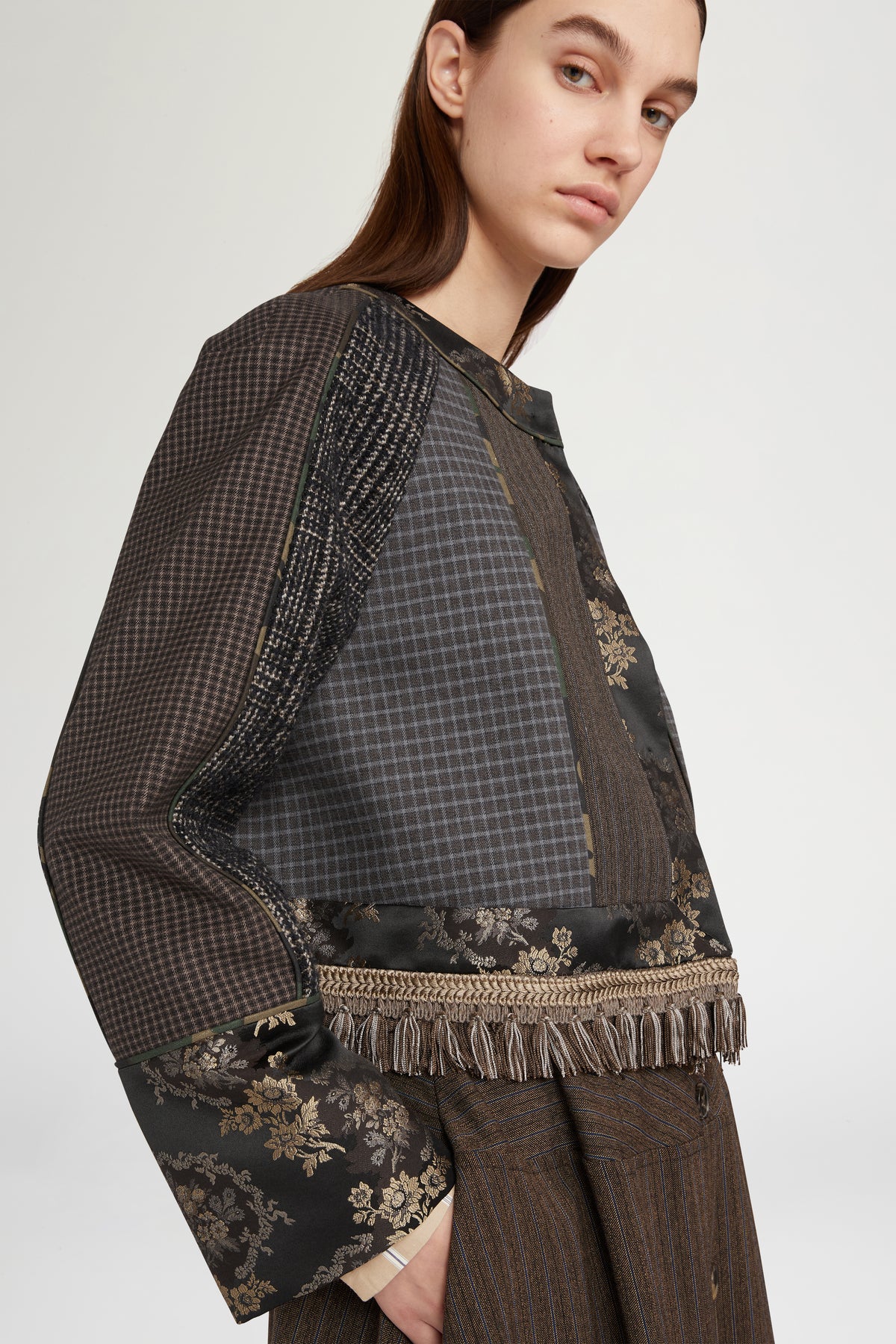 Cropped Jacket with Floral Jacquard Print