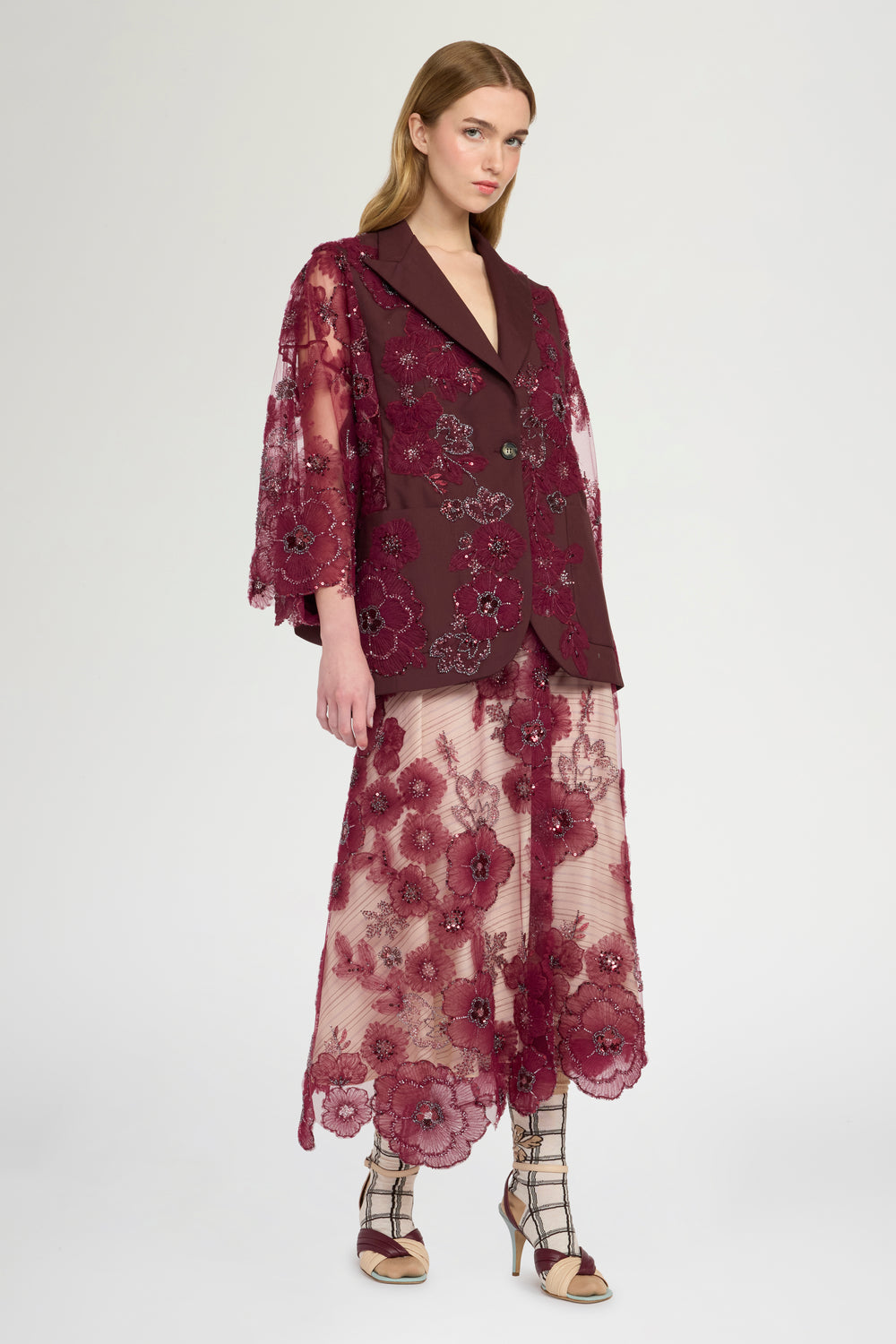Giacca con Manica Kimono in Tulle Ricamato