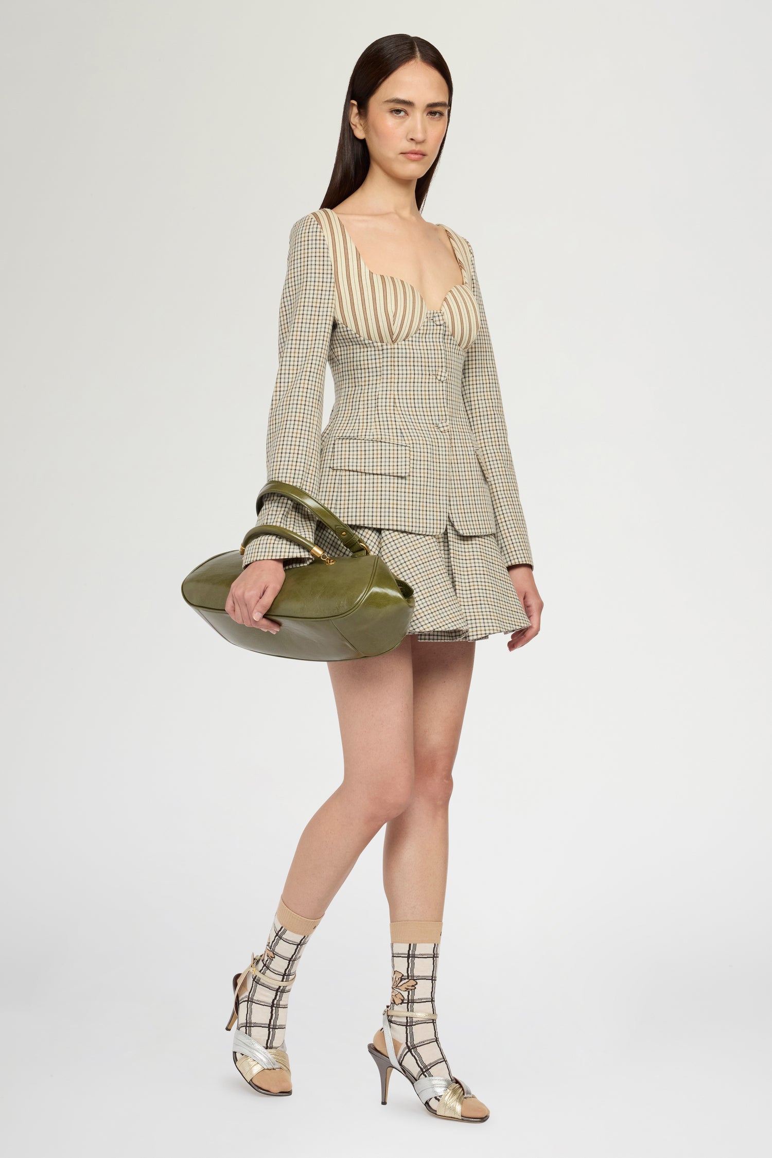 Giacca Corsetto in Micro Check e Jersey Rigato