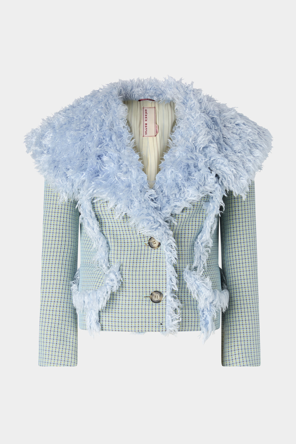 Cropped Jacquard Jacket with Light Blue Faux-Fur Collar