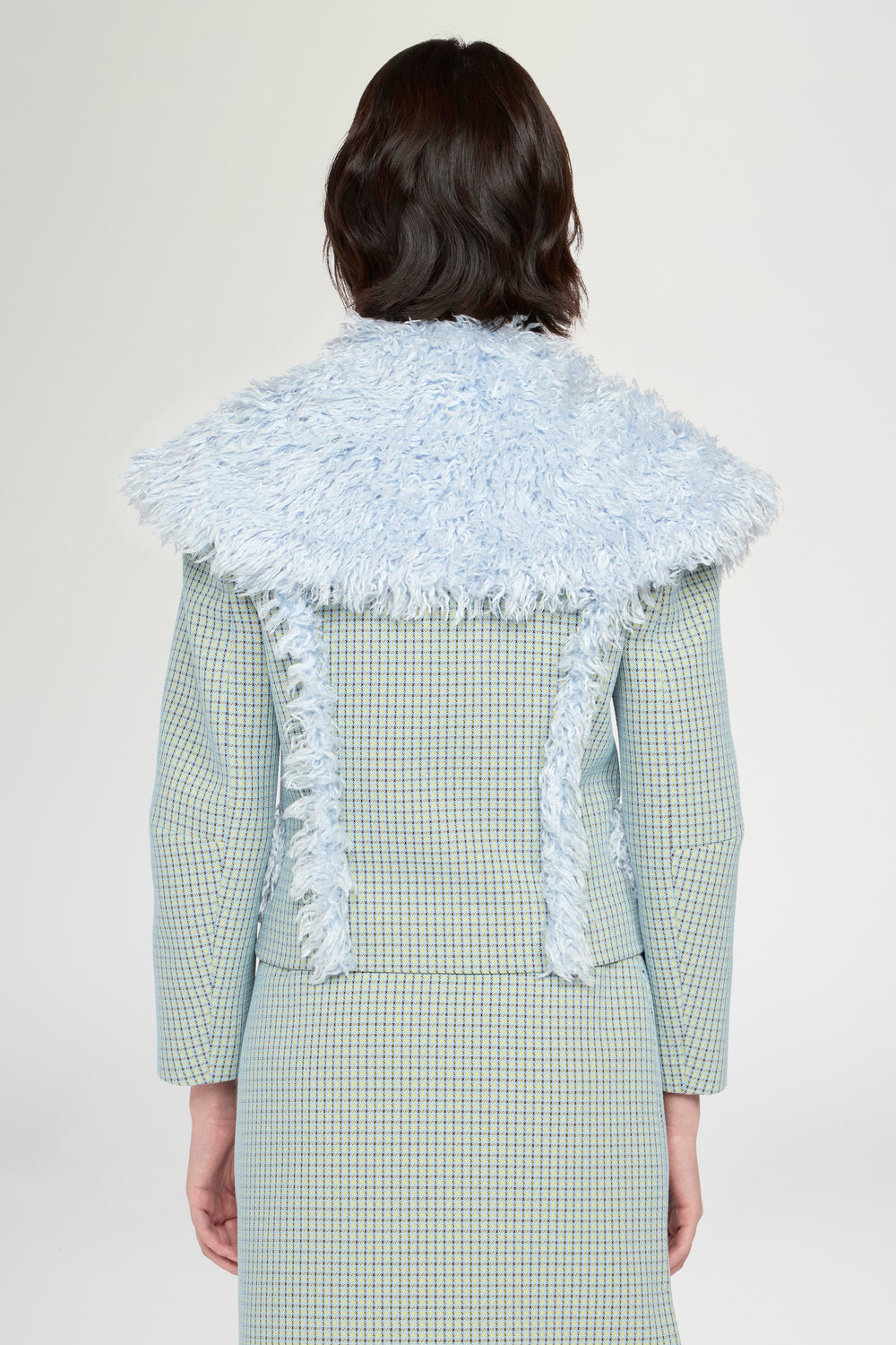 Cropped Jacquard Jacket with Light Blue Faux-Fur Collar