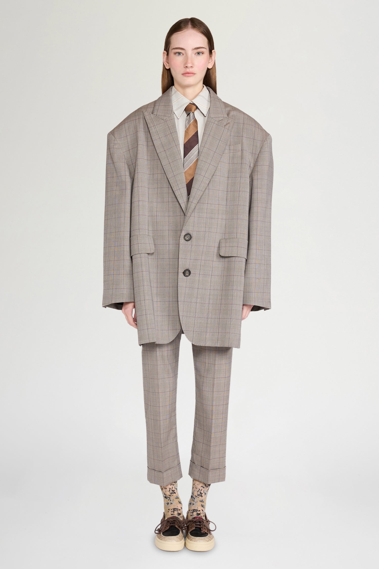 Ivory Grey Checked Oversize Blazer