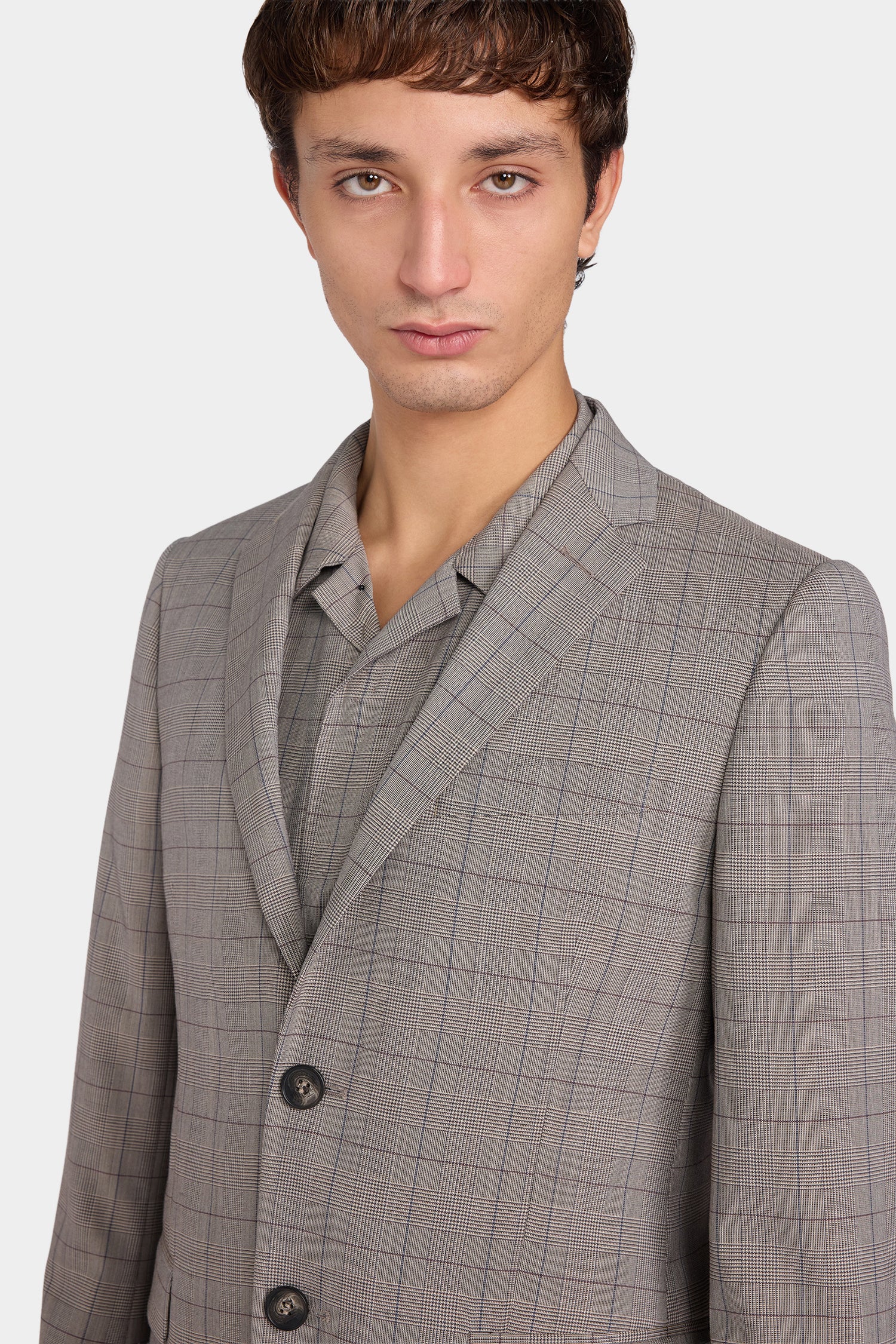 Blazer Monopetto Grigio con Motivo a Quadri