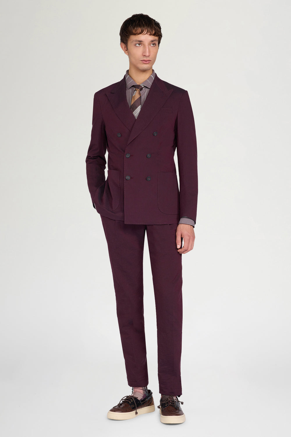 Burgundy Pinstripe Double-Breasted Blazer