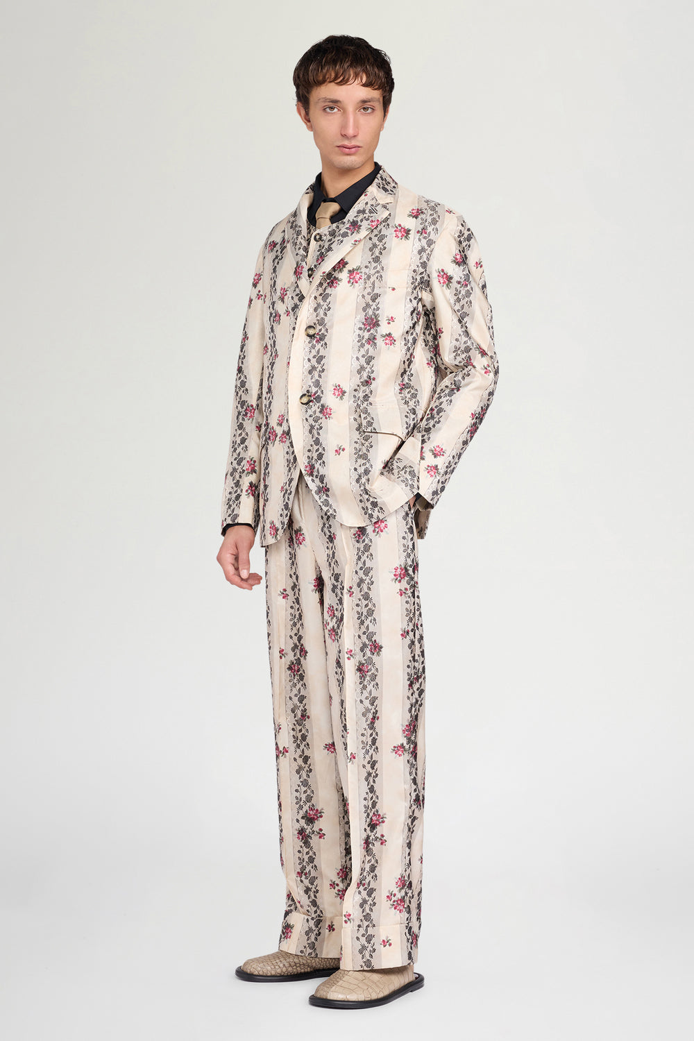Floral Stripe Single-Breasted Jacket