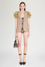 Checked Short-Sleeve Blazer with Lace Shoulders