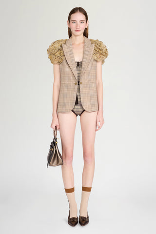 Checked Short-Sleeve Blazer with Lace Shoulders