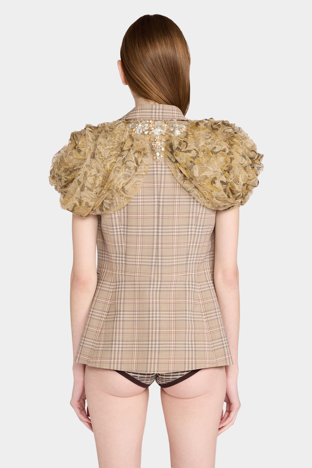 Checked Short-Sleeve Blazer with Lace Shoulders