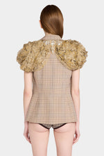 Checked Short-Sleeve Blazer with Lace Shoulders