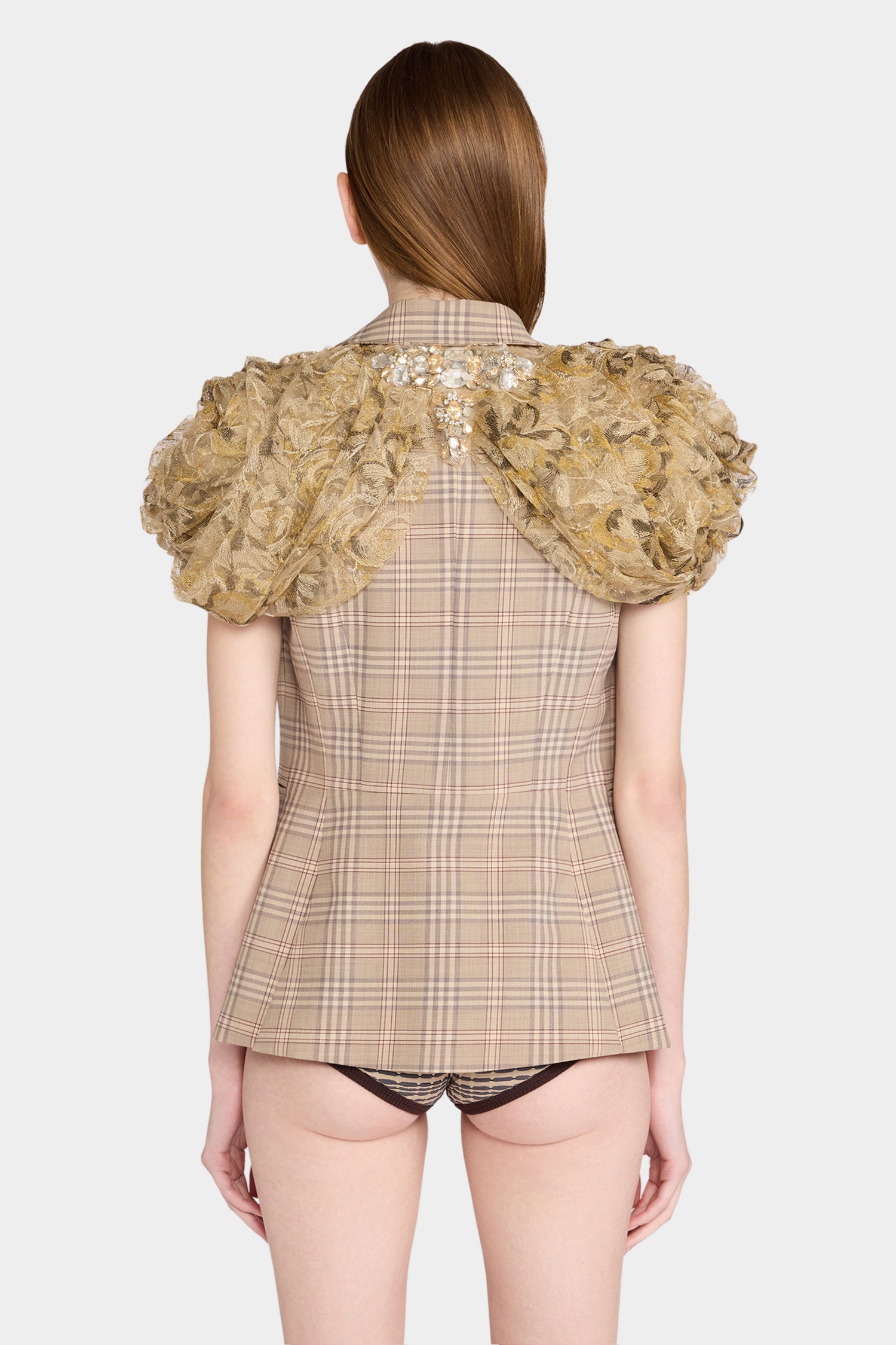 Checked Short-Sleeve Blazer with Lace Shoulders